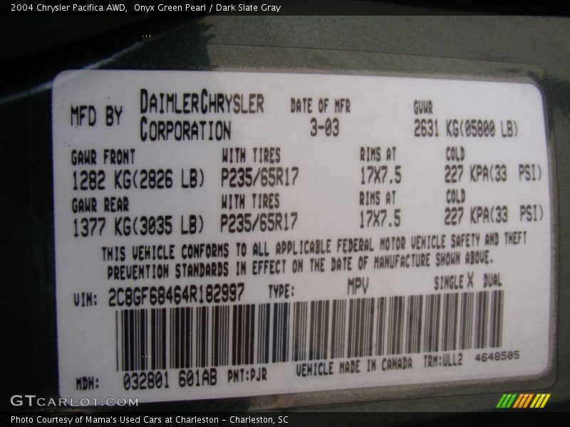 Onyx Green Pearl / Dark Slate Gray 2004 Chrysler Pacifica AWD