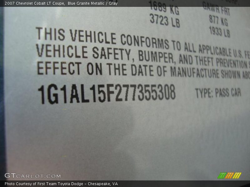Blue Granite Metallic / Gray 2007 Chevrolet Cobalt LT Coupe