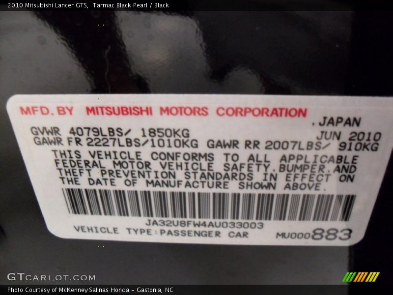 Tarmac Black Pearl / Black 2010 Mitsubishi Lancer GTS