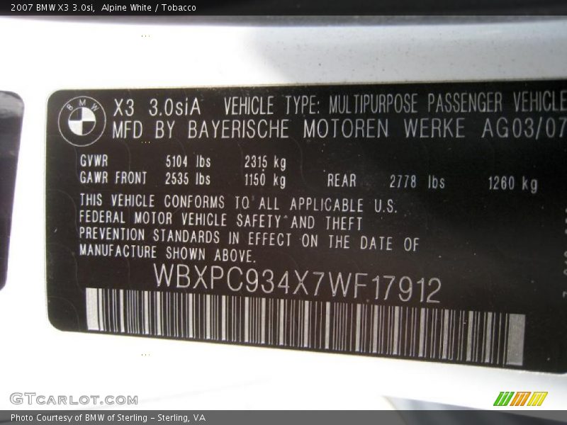 Alpine White / Tobacco 2007 BMW X3 3.0si