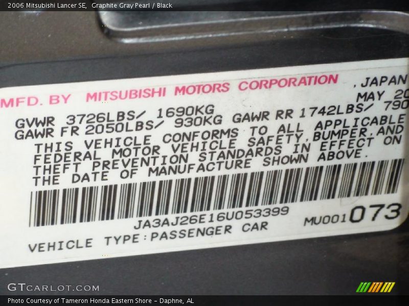 Graphite Gray Pearl / Black 2006 Mitsubishi Lancer SE