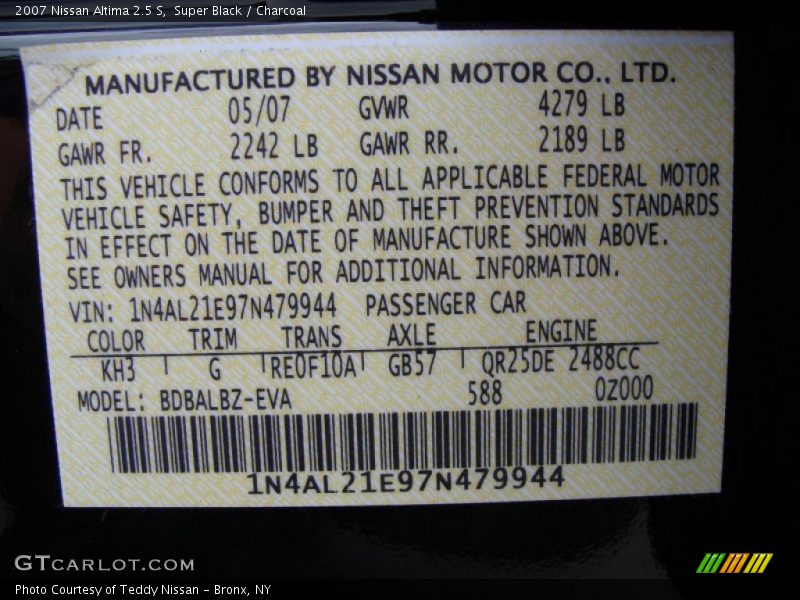 Super Black / Charcoal 2007 Nissan Altima 2.5 S