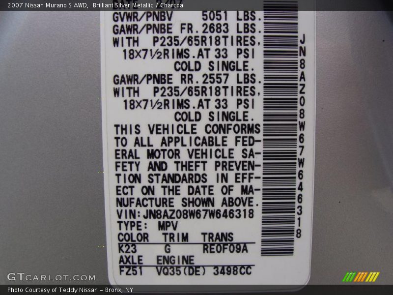 Brilliant Silver Metallic / Charcoal 2007 Nissan Murano S AWD