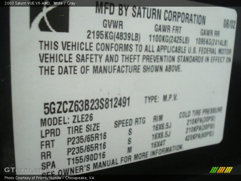 White / Gray 2003 Saturn VUE V6 AWD