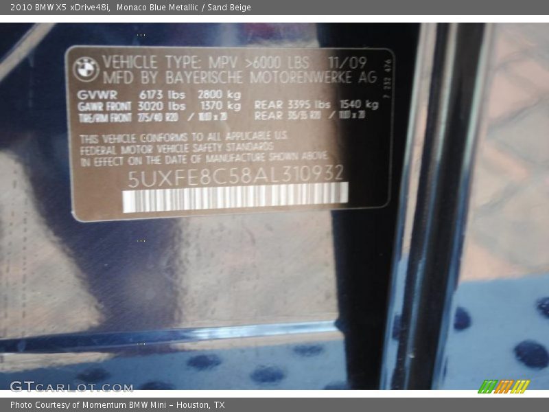 Monaco Blue Metallic / Sand Beige 2010 BMW X5 xDrive48i