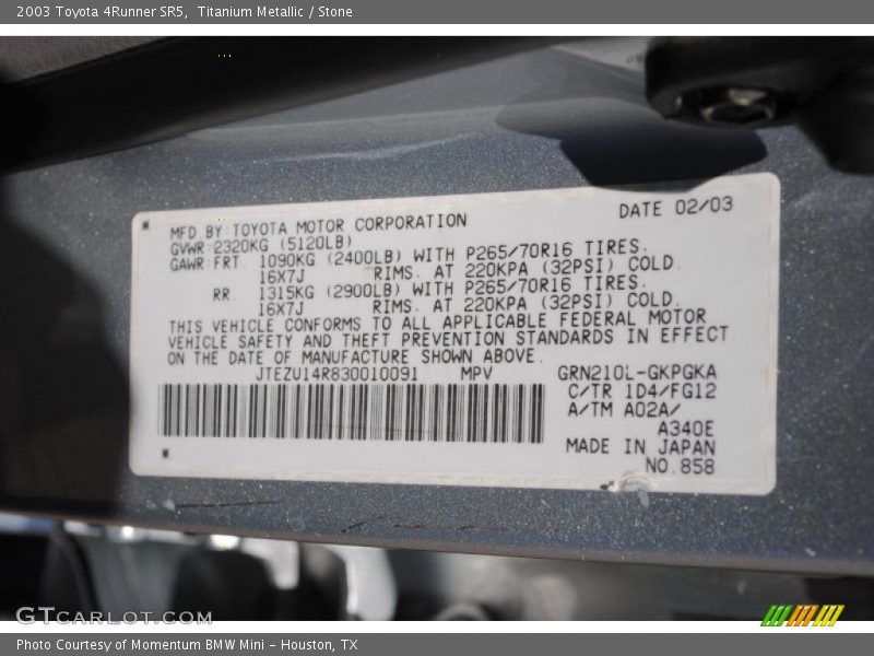 Titanium Metallic / Stone 2003 Toyota 4Runner SR5