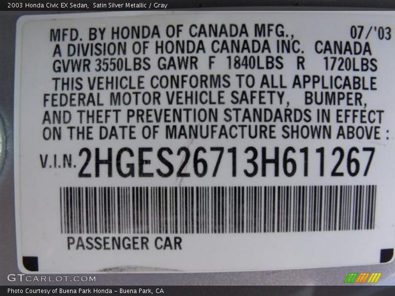Satin Silver Metallic / Gray 2003 Honda Civic EX Sedan