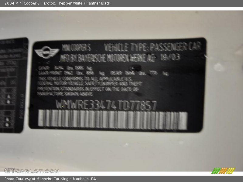 Pepper White / Panther Black 2004 Mini Cooper S Hardtop