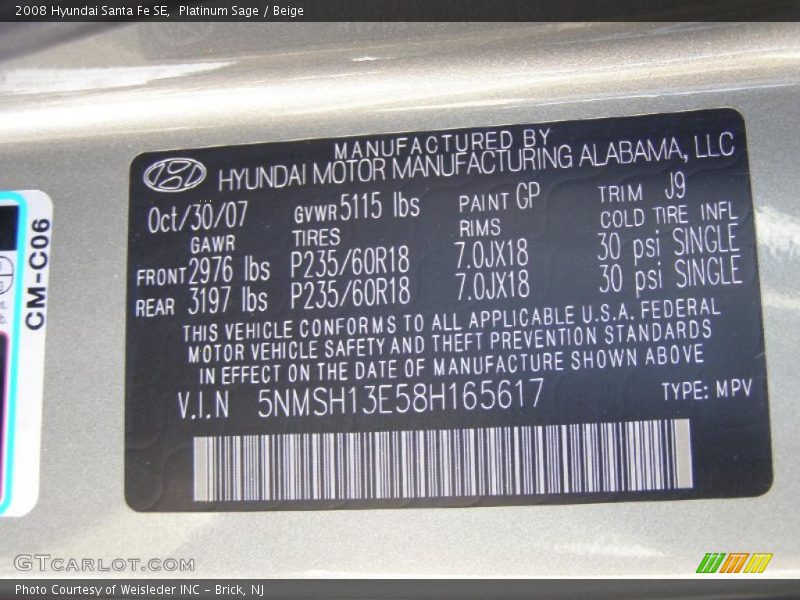 Platinum Sage / Beige 2008 Hyundai Santa Fe SE