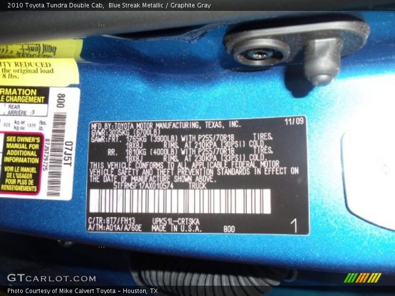 Blue Streak Metallic / Graphite Gray 2010 Toyota Tundra Double Cab