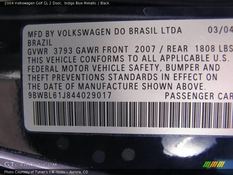 Indigo Blue Metallic / Black 2004 Volkswagen Golf GL 2 Door