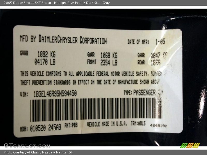 Midnight Blue Pearl / Dark Slate Gray 2005 Dodge Stratus SXT Sedan