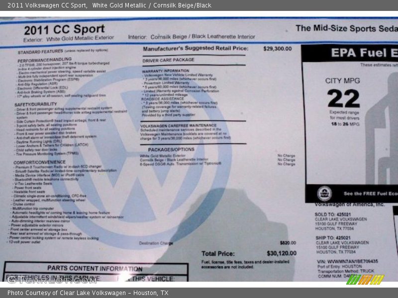 White Gold Metallic / Cornsilk Beige/Black 2011 Volkswagen CC Sport