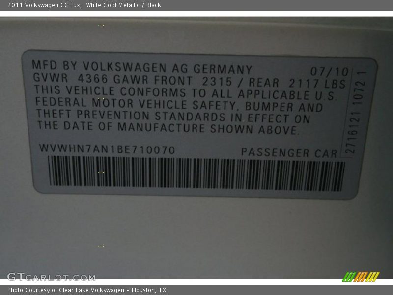 White Gold Metallic / Black 2011 Volkswagen CC Lux