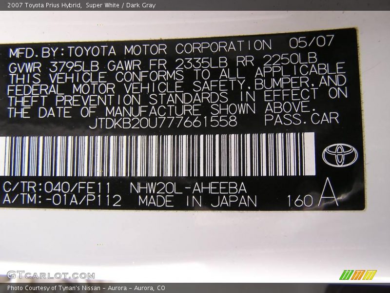 Super White / Dark Gray 2007 Toyota Prius Hybrid