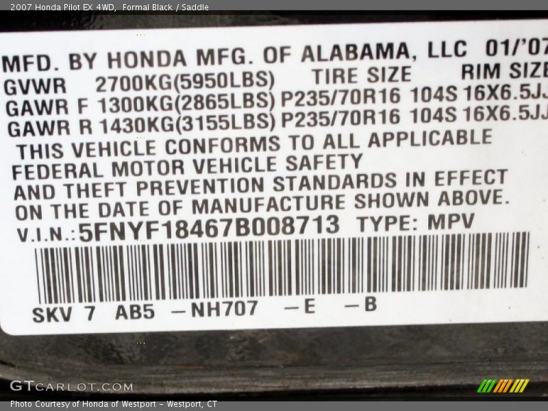 Formal Black / Saddle 2007 Honda Pilot EX 4WD