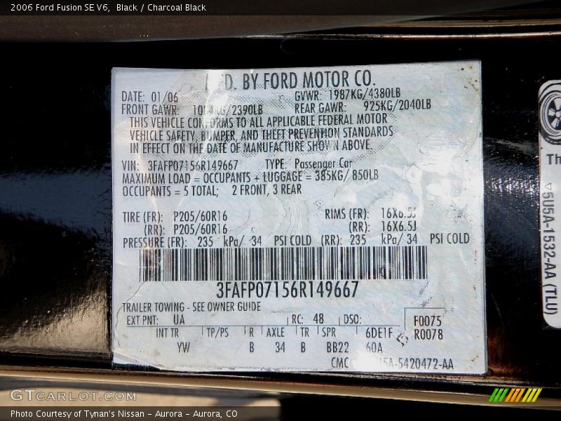 Black / Charcoal Black 2006 Ford Fusion SE V6