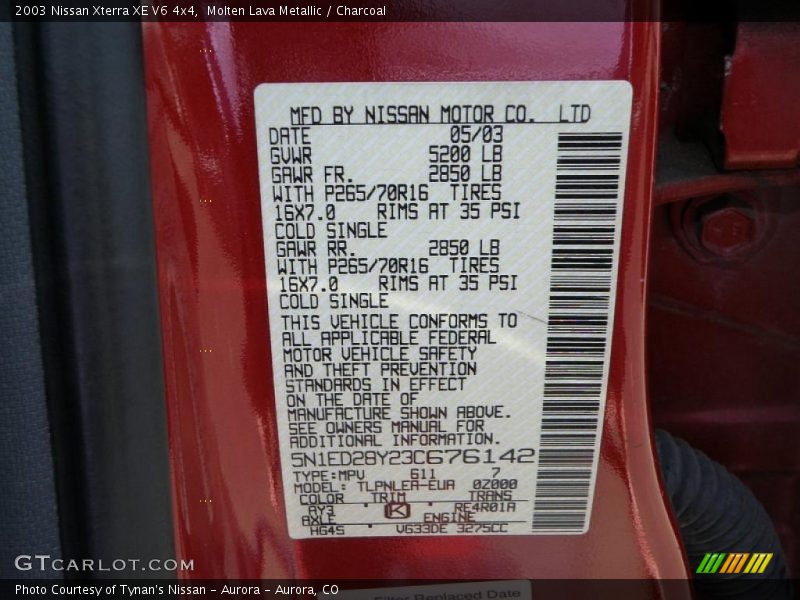 Molten Lava Metallic / Charcoal 2003 Nissan Xterra XE V6 4x4
