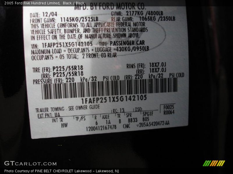 Black / Black 2005 Ford Five Hundred Limited