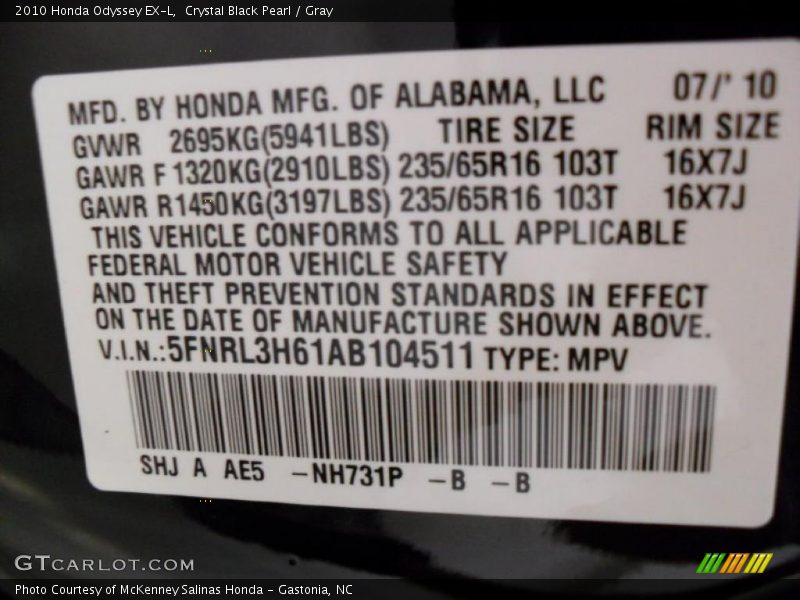 Crystal Black Pearl / Gray 2010 Honda Odyssey EX-L
