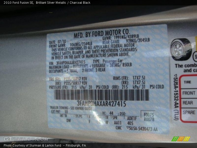 Brilliant Silver Metallic / Charcoal Black 2010 Ford Fusion SE