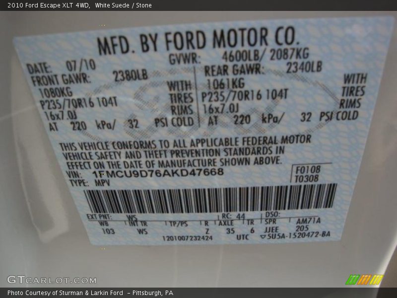 White Suede / Stone 2010 Ford Escape XLT 4WD