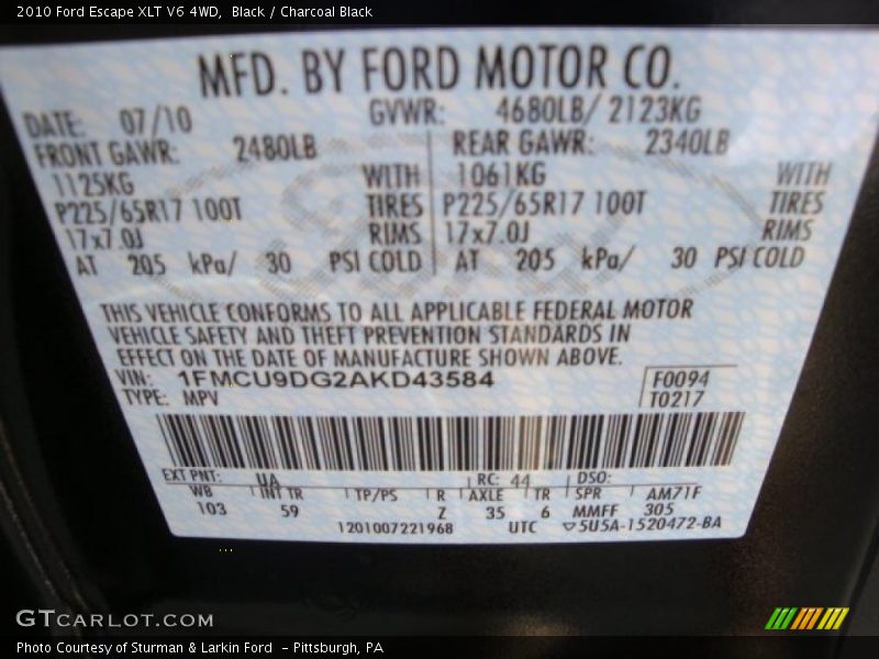 Black / Charcoal Black 2010 Ford Escape XLT V6 4WD