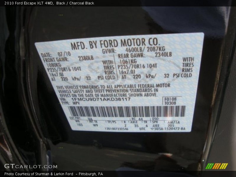 Black / Charcoal Black 2010 Ford Escape XLT 4WD