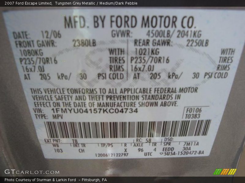 Tungsten Grey Metallic / Medium/Dark Pebble 2007 Ford Escape Limited