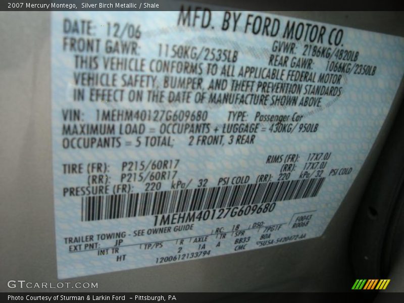 Silver Birch Metallic / Shale 2007 Mercury Montego