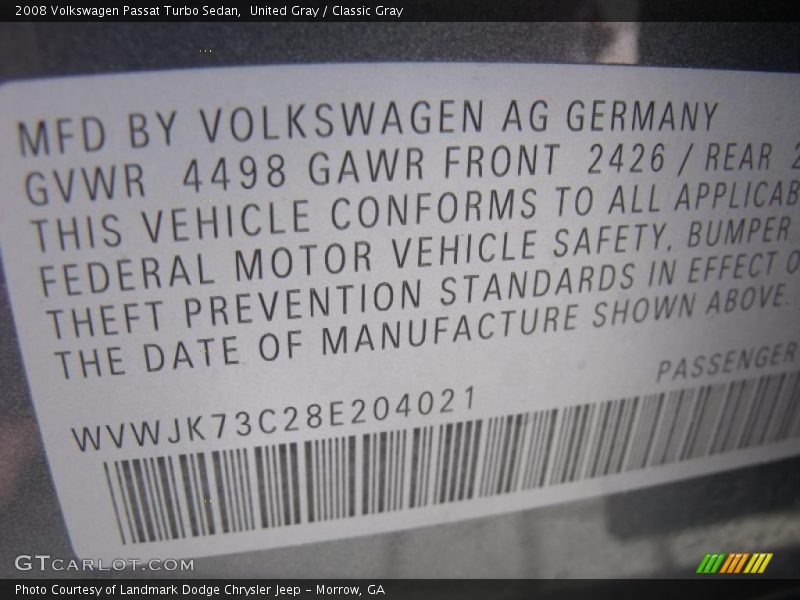 United Gray / Classic Gray 2008 Volkswagen Passat Turbo Sedan