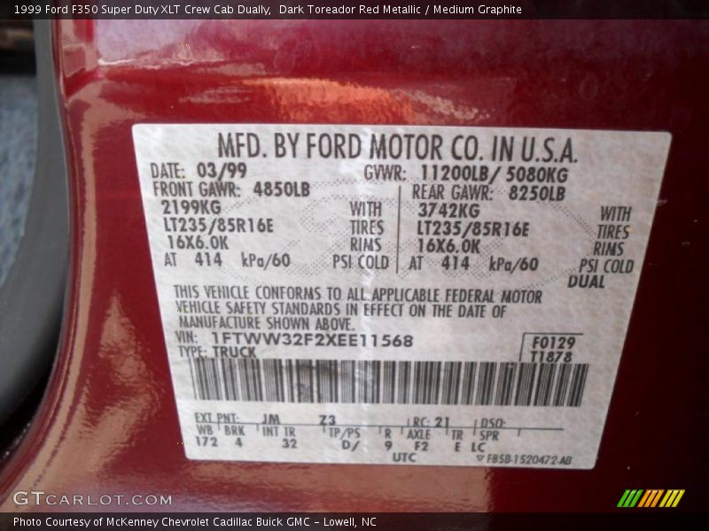 Dark Toreador Red Metallic / Medium Graphite 1999 Ford F350 Super Duty XLT Crew Cab Dually