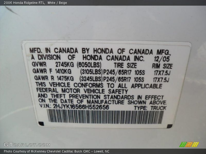 White / Beige 2006 Honda Ridgeline RTL