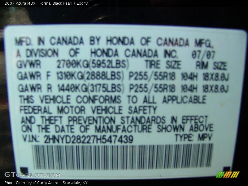 Formal Black Pearl / Ebony 2007 Acura MDX