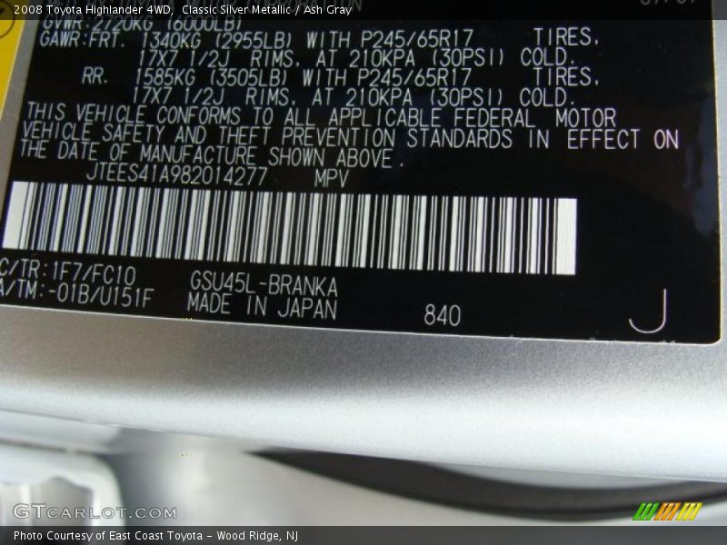 Classic Silver Metallic / Ash Gray 2008 Toyota Highlander 4WD