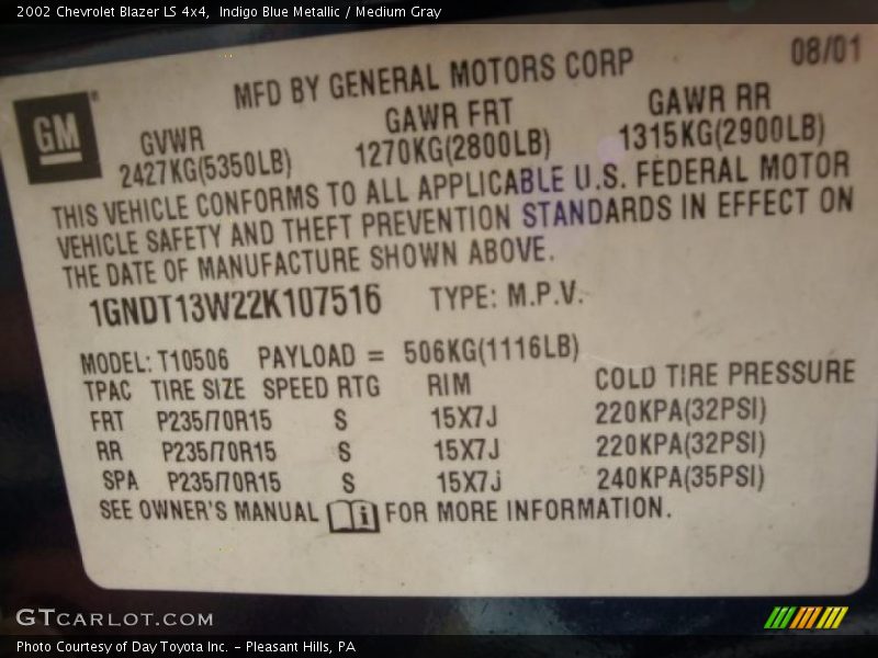 Indigo Blue Metallic / Medium Gray 2002 Chevrolet Blazer LS 4x4