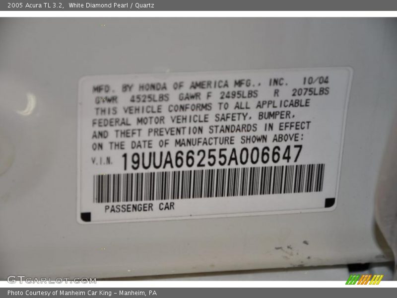 White Diamond Pearl / Quartz 2005 Acura TL 3.2