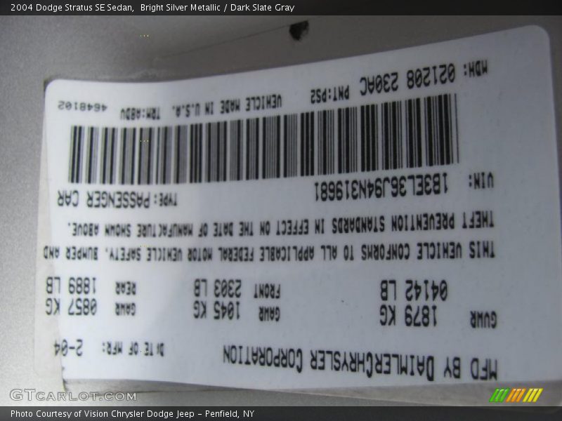 Bright Silver Metallic / Dark Slate Gray 2004 Dodge Stratus SE Sedan