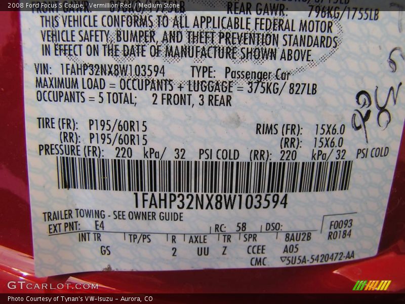 Vermillion Red / Medium Stone 2008 Ford Focus S Coupe