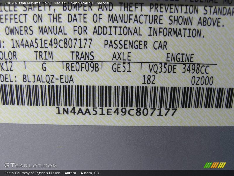 Radiant Silver Metallic / Charcoal 2009 Nissan Maxima 3.5 S