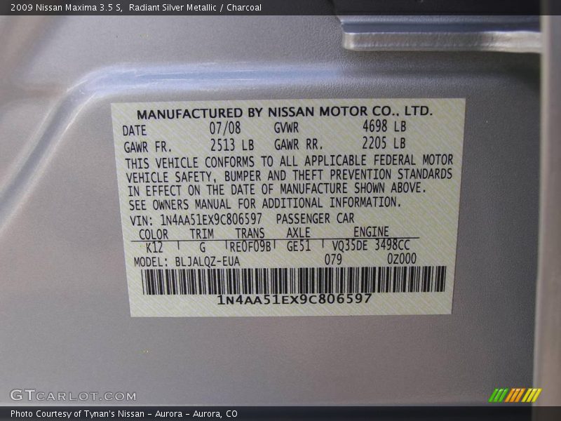 Radiant Silver Metallic / Charcoal 2009 Nissan Maxima 3.5 S