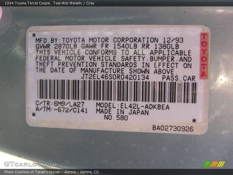 Teal Mist Metallic / Gray 1994 Toyota Tercel Coupe
