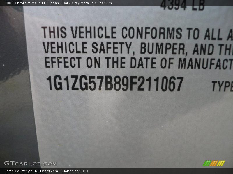 Dark Gray Metallic / Titanium 2009 Chevrolet Malibu LS Sedan