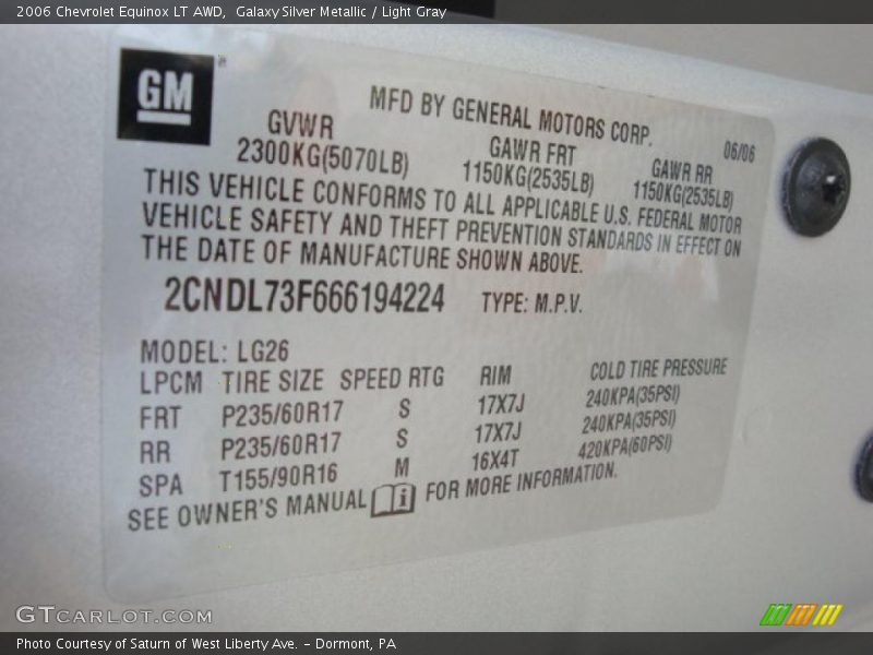 Galaxy Silver Metallic / Light Gray 2006 Chevrolet Equinox LT AWD