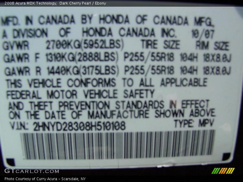 Dark Cherry Pearl / Ebony 2008 Acura MDX Technology