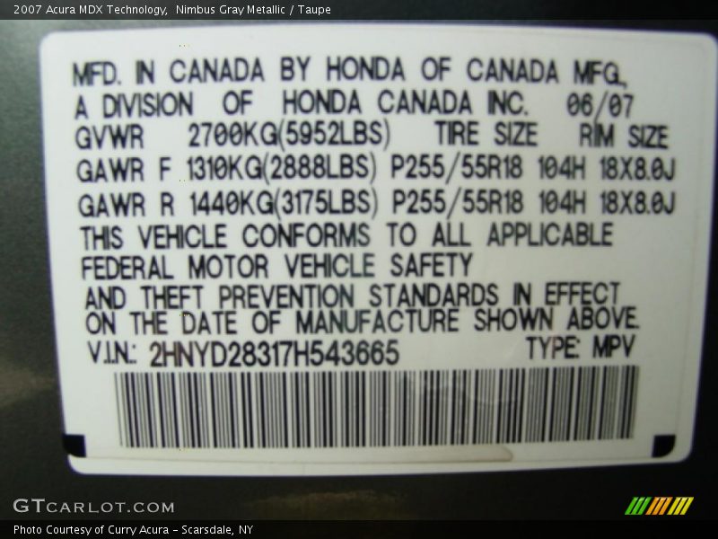 Nimbus Gray Metallic / Taupe 2007 Acura MDX Technology