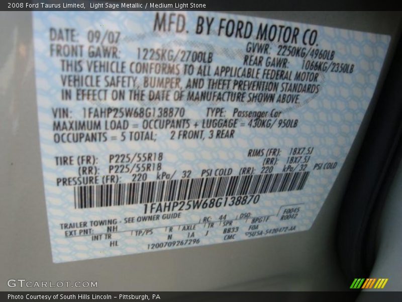 Light Sage Metallic / Medium Light Stone 2008 Ford Taurus Limited