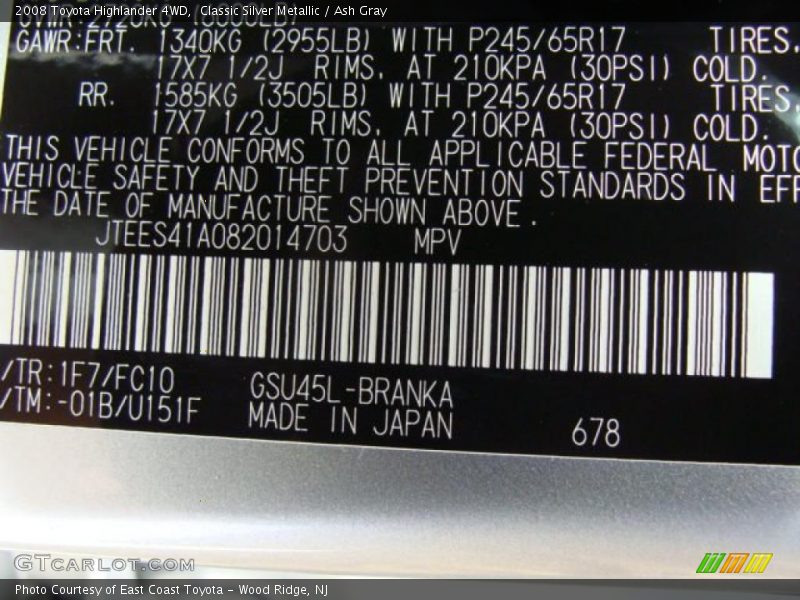 Classic Silver Metallic / Ash Gray 2008 Toyota Highlander 4WD