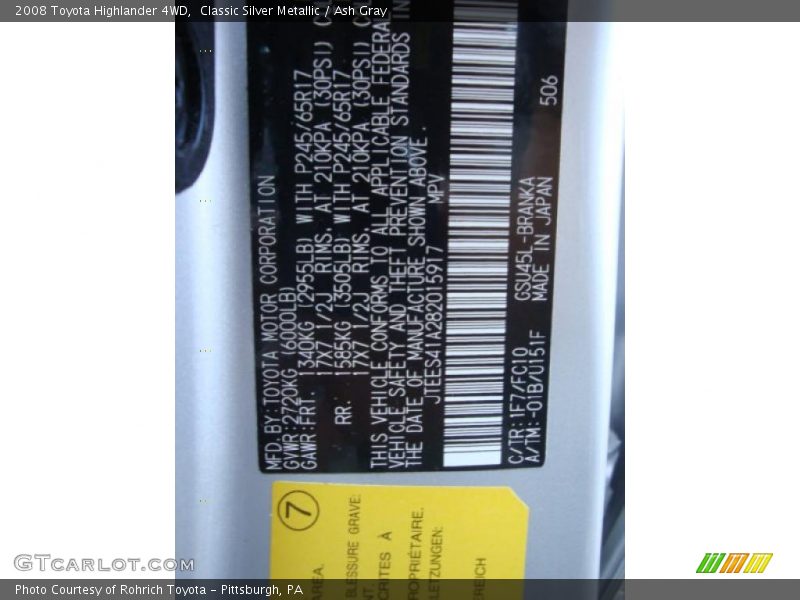 Classic Silver Metallic / Ash Gray 2008 Toyota Highlander 4WD