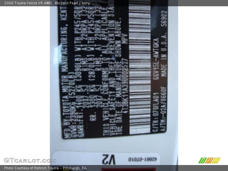 Blizzard Pearl / Ivory 2009 Toyota Venza V6 AWD